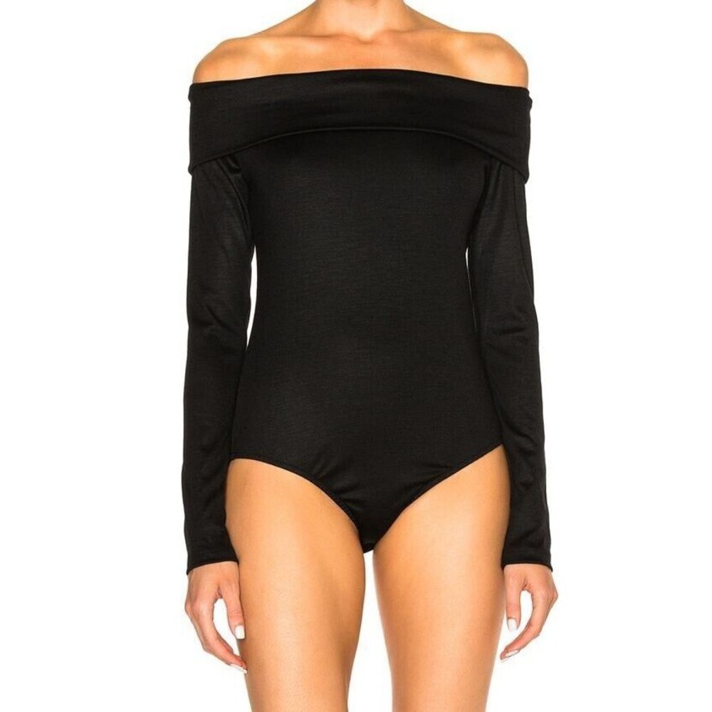 TIBI Womens Top Large Black Off Shoulder Bodysuit 100% Wool Stretch Knit